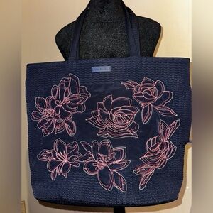 NWOT Rare Vera Bradley Navy XL Tote with Pink Floral Embroidery (Retired)